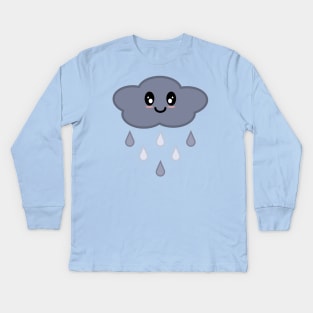 Kawaii Cute Happy Stormy Rain Cloud in Light Blue Kids Long Sleeve T-Shirt